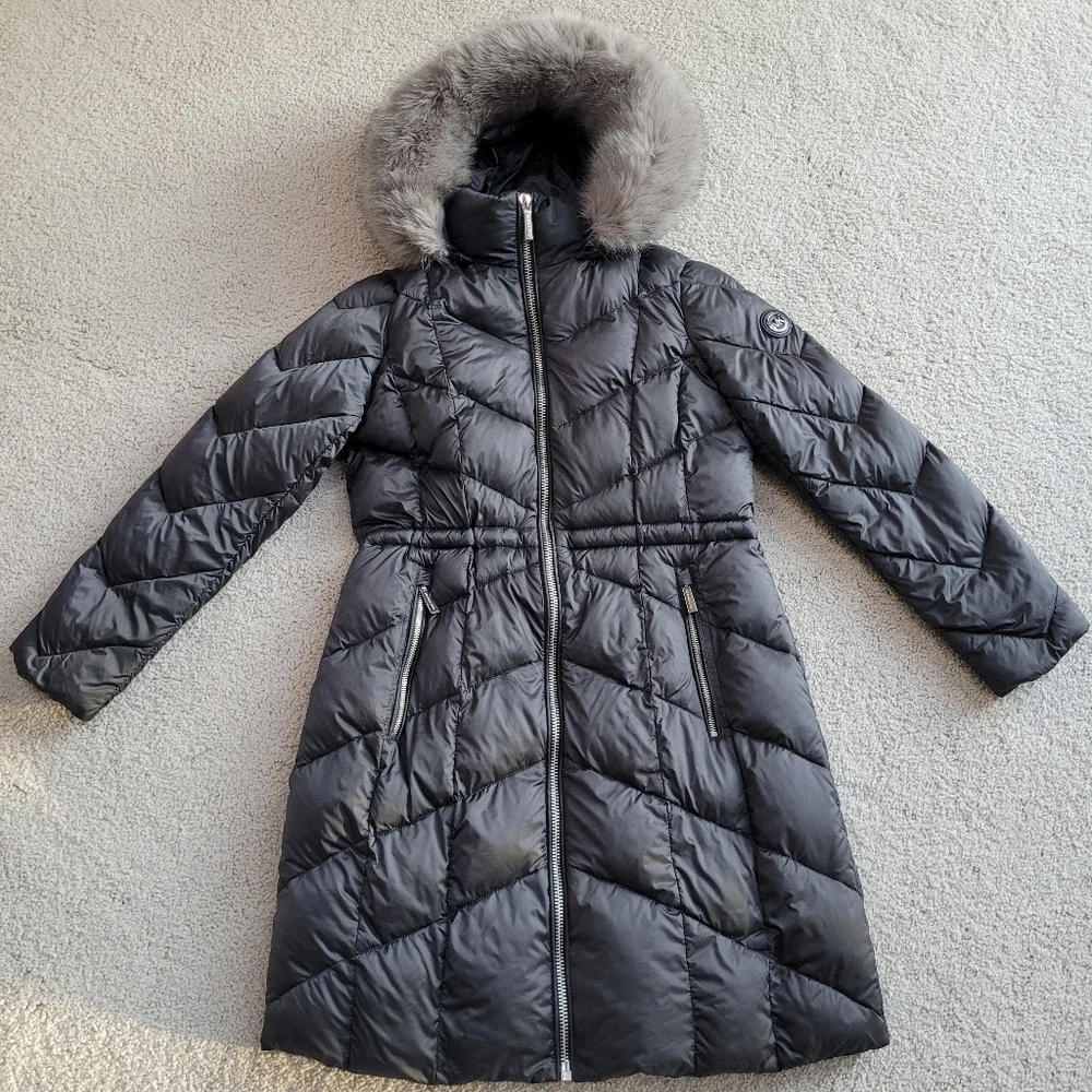 Like New Chic Michael Kors Puffer Coat with Removable Faux Fur Hood Size PS